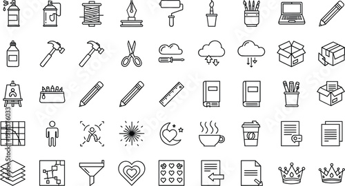 Creative tools and office supplies icons set including paint hammer scissors clouds coffee and documents