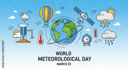 World meteorological day illustration with globe weather icons and climate symbols on blue background
