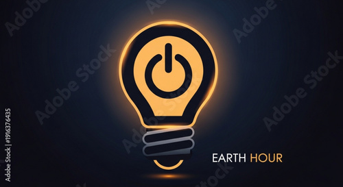 Glowing light bulb with power symbol and earth hour text on dark background energy saving concept illustration
