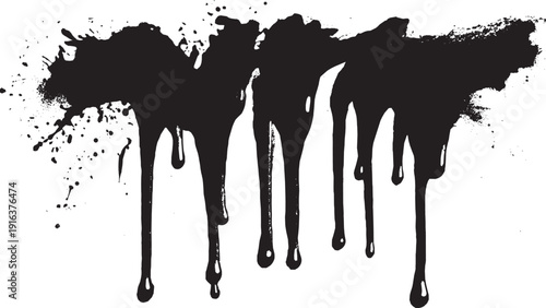 Graffiti paint strokes, a set of thick black  with heavy drips running down, isolated on solid white background, street art tag style.