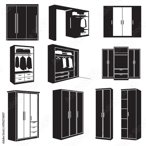 Modern wardrobe closet icon collection. Includes various cabinet designs, sliding doors, shelves, and hanging rods. Created in minimalist style with black and white color palette.