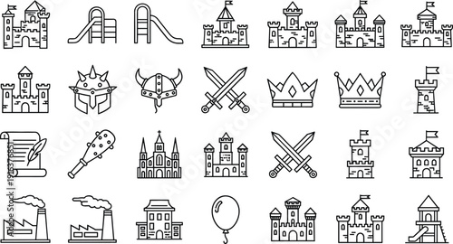 Medieval castle fantasy outline icon set featuring crowns swords fortresses knights and fairytale architecture vector collection