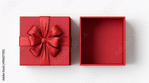 A beautifully wrapped red gift box with a large bow next to its open empty counterpart on a white background.