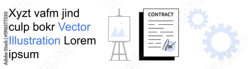 Business agreements, teamwork, product design, project management, innovation, development. Image features contractual document, presentation board and gear icons. Business agreements and teamwork
