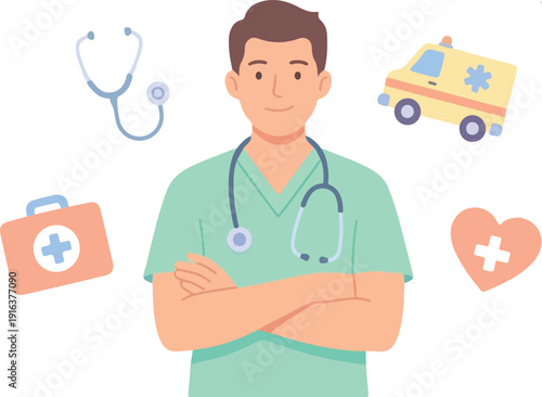 Friendly male doctor with a stethoscope surrounded by medical symbols like ambulance, first aid kit, and heart on pastel gradient background.