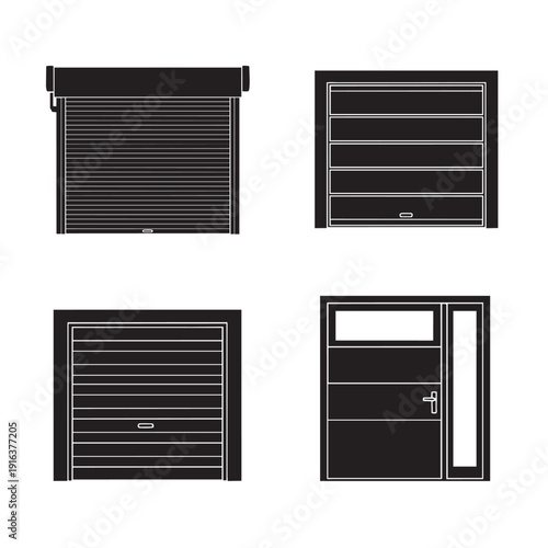 Four different black garage door and gate designs, including roll-up, slatted, and sectional styles.