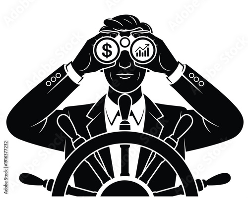 Businessman looking through binoculars at financial charts and dollar sign