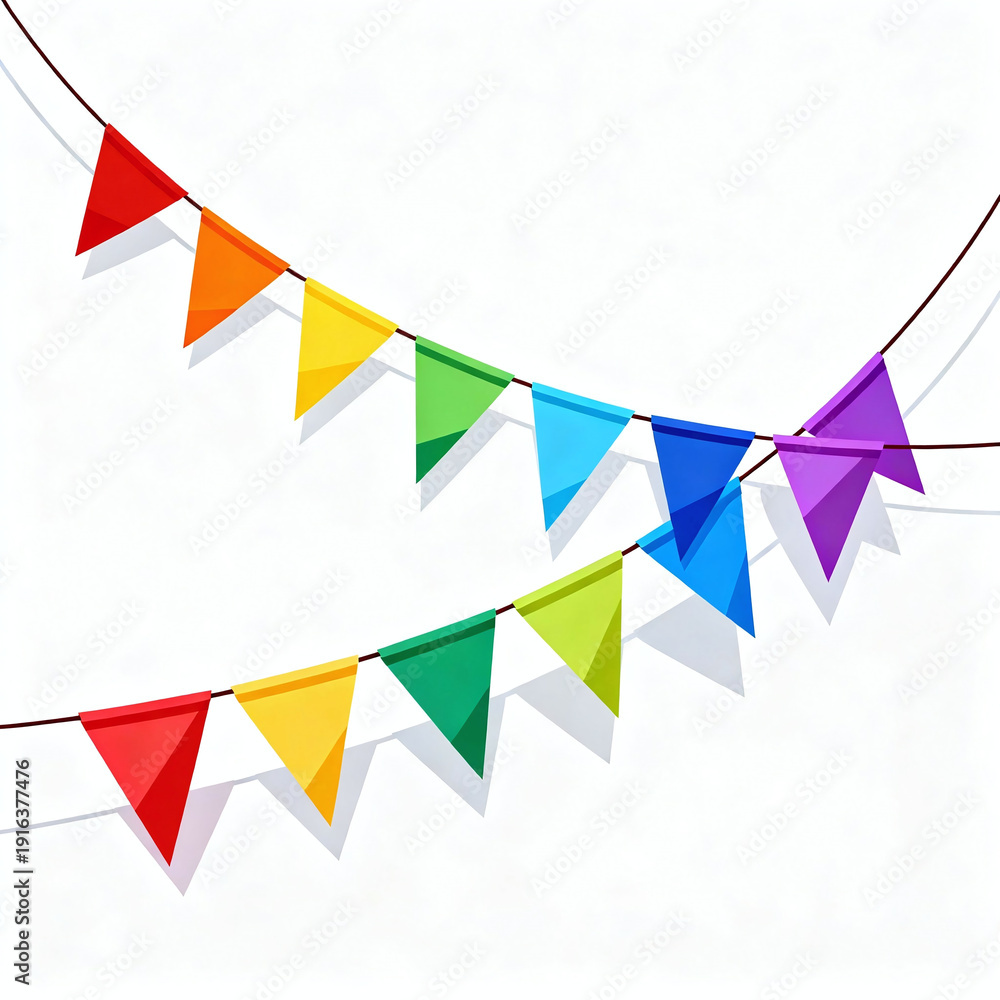 Obraz premium Colorful Celebration Garland: a vibrant garland composed of triangular flags in a rainbow spectrum, creating a joyful, festive atmosphere.