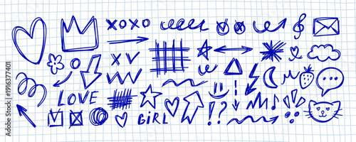 Hand drawn blue pen doodle collection on grid notebook paper background featuring hearts, crown, arrows, stars, lightning bolt, moon, cat, strawberry, cloud, flower, speech bubble, and decorative elem