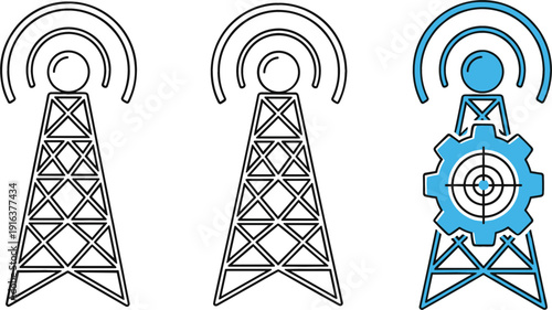 Telecommunication tower icons set with wireless signal waves and gear symbol technology vector illustration collection