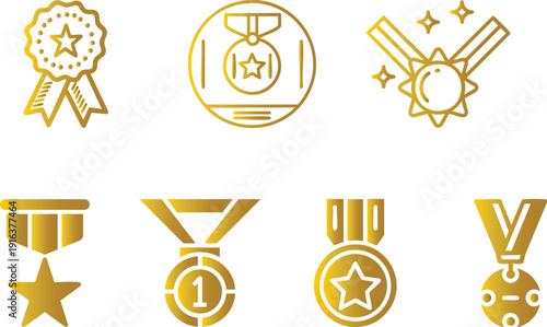 Golden Medal and Award Icons Set – Achievement, Winner, Trophy, Badge Vector Collection