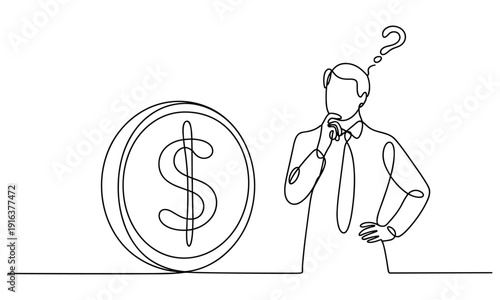 Businessman pondering financial decisions next to a large dollar coin