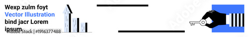 Business progress, financial growth, success, key to strategy, concepts, and investments. Bar chart showing growth and hand holding key. Business progress and financial growth concepts