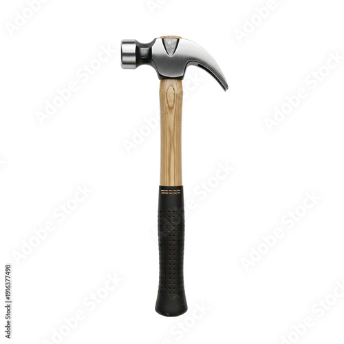 A hammer with a wooden handle on a plain background