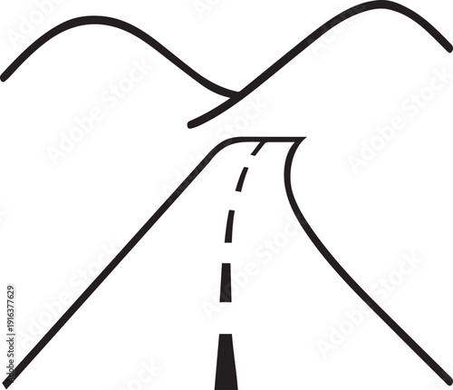 A black and white illustration of a road merging between two hills.