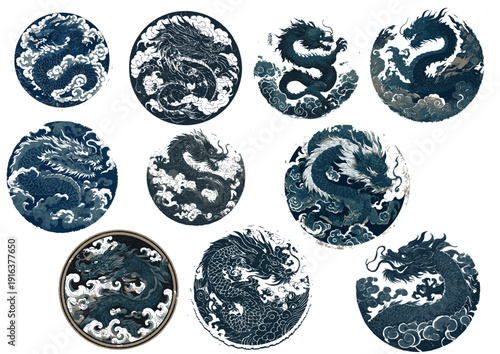 Set of 10 traditional Asian vintage blue dragon and cloud circle stamp illustrations (Oriental mythical creature tattoo icon logo)
(동양의 신화적 생물 타투 아이콘 로고 - 10종의 전통 아시아 빈티지 청룡 및 구름 원형 스탬프 일러스트 세트)