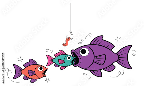 Cartoon of different sized fish chasing a worm on a fishing hook