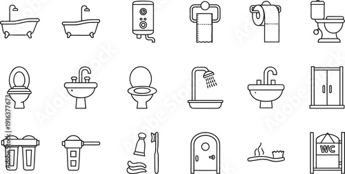Bathroom fixtures and sanitation icons set including toilet bathtub shower sink and hygiene equipment