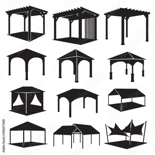 Pergola icon set. Includes various gazebo, canopy, and pavilion designs. Created in solid black vector style.