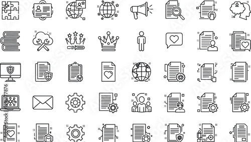Business management outline icon set featuring documents analytics communication leadership and corporate workflow vector collection