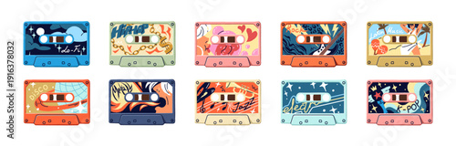 Design of vintage audio cassettes set. Retro templates of mix tapes with different music. Old mixtapes, audiocassettes with concert records. Flat isolated vector illustration on white background