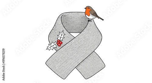 Robin Bird Perched on a Knitted Scarf with Holly Berry - Christmas Festive Winter Scene