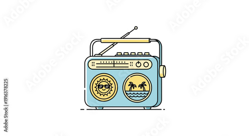 Retro Radio with Summer Beach Scene Graphics, Vintage Portable Music Player