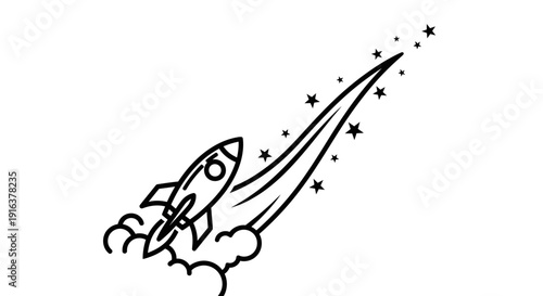 Rocket Launching into Space with Stars and Smoke Trail, Minimalist Line Art