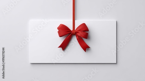 A white gift card with a red ribbon tied in a bow on a plain background
