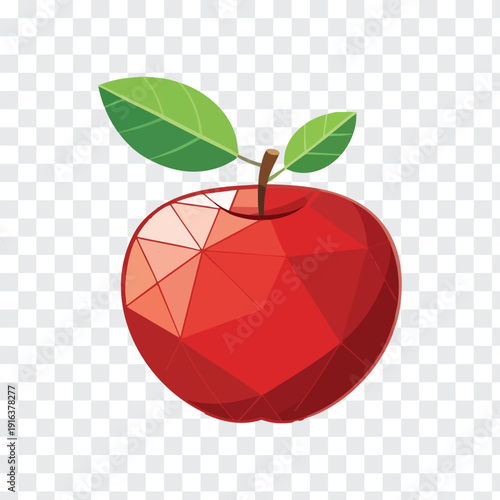 Geometric low poly art style red apple with green leaves