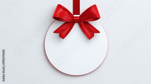 A white oval tag with a red ribbon bow on a plain background