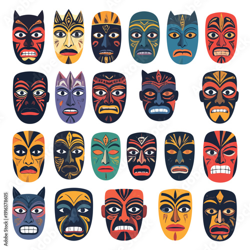 Stylized Blue Tribal Ritual Mask Vector with Intricate Ethnic Patterns