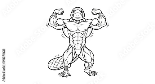 Muscular Platypus Bodybuilder Flexing Biceps, Cartoon Style