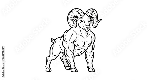 Muscular Ram Mascot Outline, Powerful Bighorn Sheep with Large Horns, Strong Animal Vector