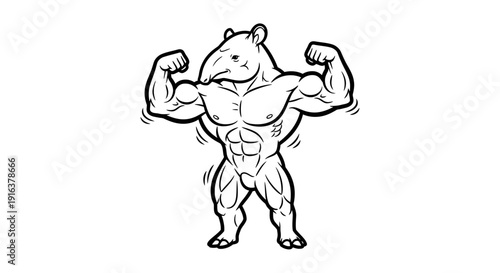Muscular Tapir Bodybuilder Flexing Biceps, Strong Animal Cartoon Character