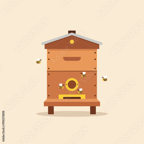 a beehive box or wooden hive with small cute bees flying