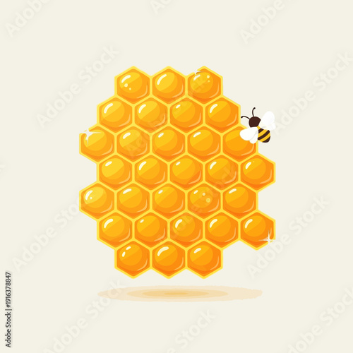 Minimalist flat vector illustration of a honeycomb slice with hexagonal cells filled with golden honey