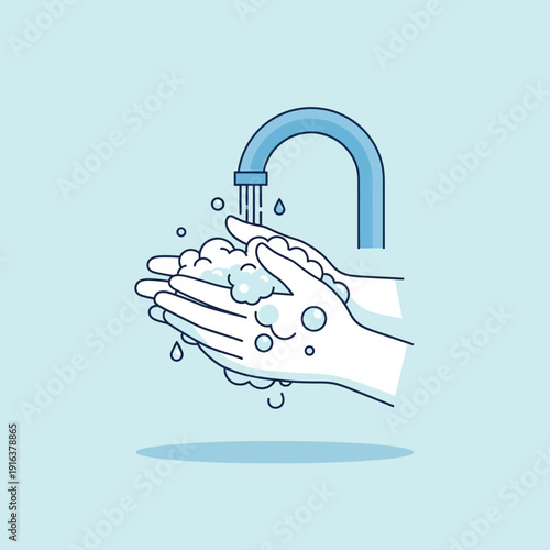 vector illustration of two hands being washed under a simple curved faucet