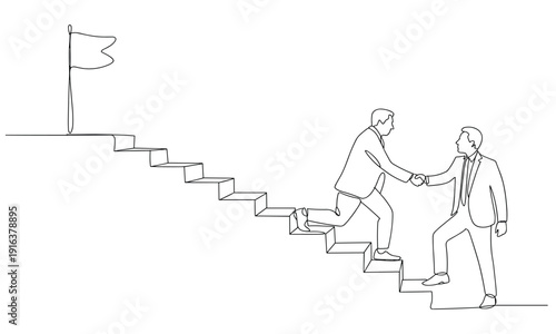 Two businessmen shaking hands while climbing stairs towards a flag symbol