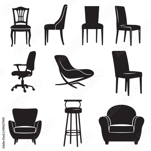 Chair vector icon set. Includes office chair, armchair, stool, and dining chair. Created in solid black style with white outline.