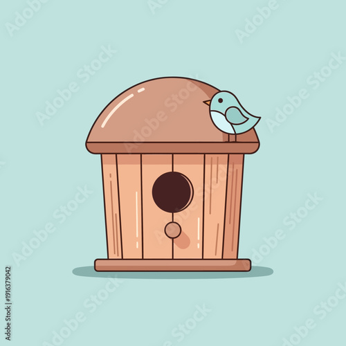 wooden birdhouse and small cute bird