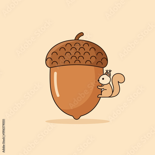 Minimalist flat vector illustration of a large acorn with small cute squirrel
