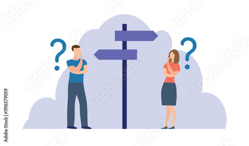 Business people thinking with question mark choose between 2 direction. Choosing between 2 choices, make decision to the left or right, thinking in difficult situation