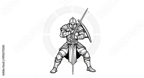 Medieval Knight Warrior Ready for Battle with Sword and Shield, Black and White Illustration