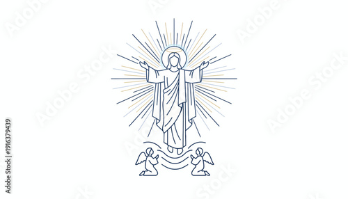 Jesus Christ Ascension Line Art with Angels, Divine Light Rays, Religious Symbolism
