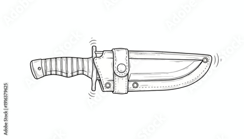 Hand-drawn sketch of a hunting knife with sheath, isolated on white background