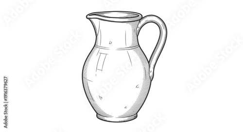 Hand-drawn sketch of a vintage ceramic pitcher with a handle, isolated on white background.