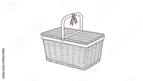 Hand-drawn sketch of a wicker picnic basket with red, white, and blue ribbon on handle