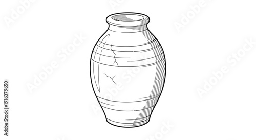 Hand-drawn sketch of an ancient pottery vase with cracks, isolated on white background