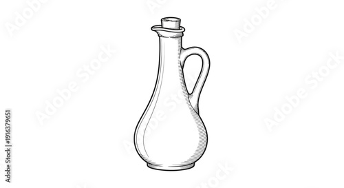Hand-drawn sketch of an olive oil bottle with a handle and cork stopper, isolated on white.